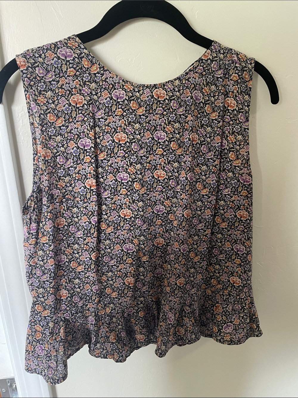 Rebecca Taylor Black Floral Ruffle-Hem Camisole with Pink & Peach Blooms